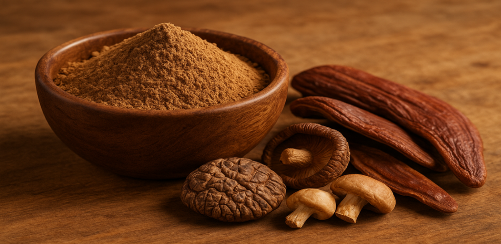mushroom powder in a bowl with dried mushroom next to it